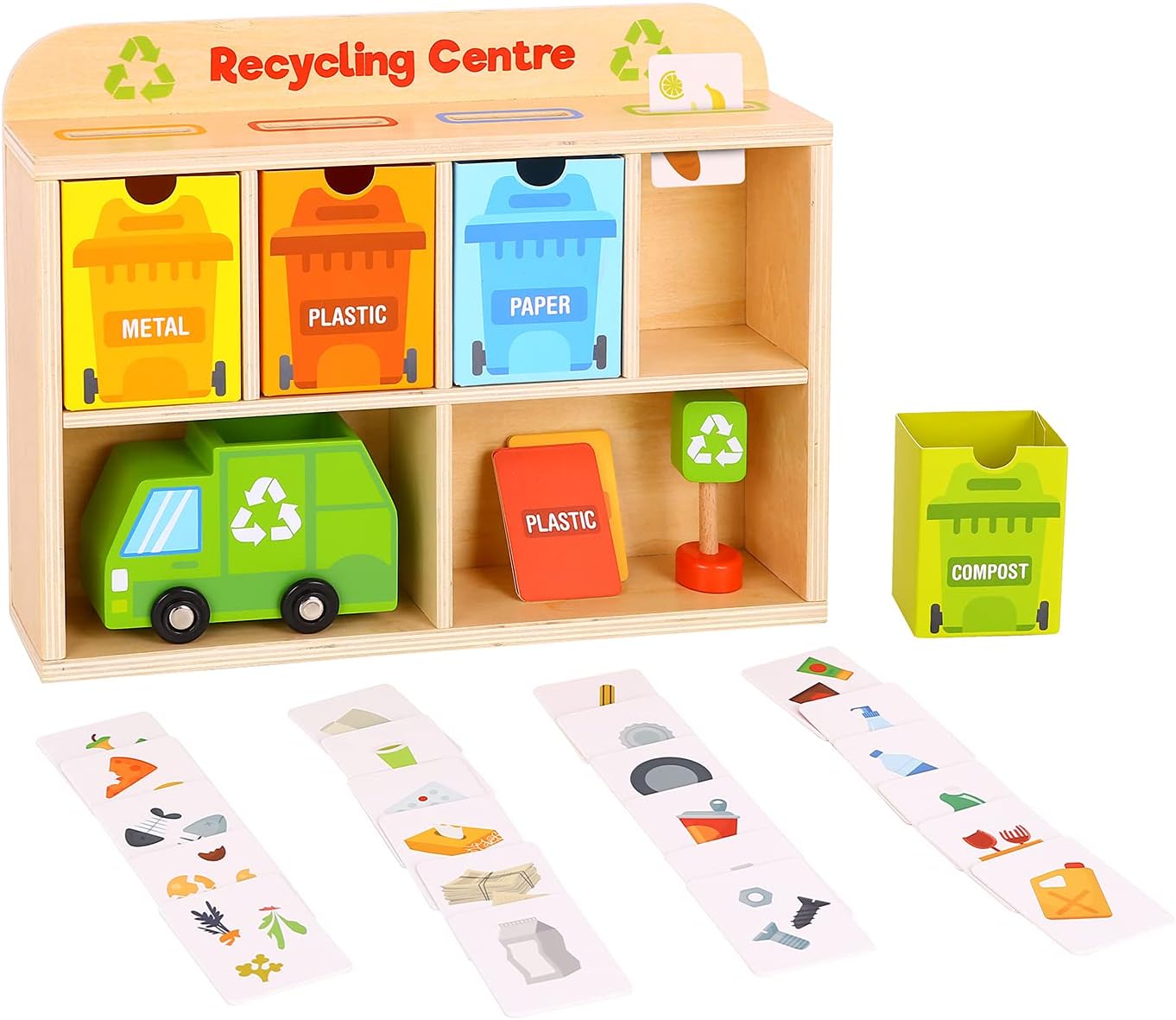 Jogo SirWood de reciclagem em madeira com centro, camião, caixotes e cartas organizadas por tipo de lixo. Aprender a separar.