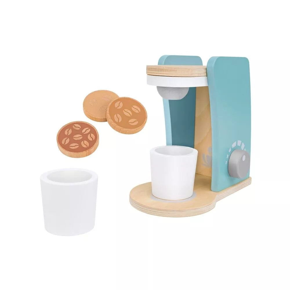 Máquina de café de brincar SirWood em madeira azul e natural, com duas chávenas brancas e três cápsulas de café de madeira.