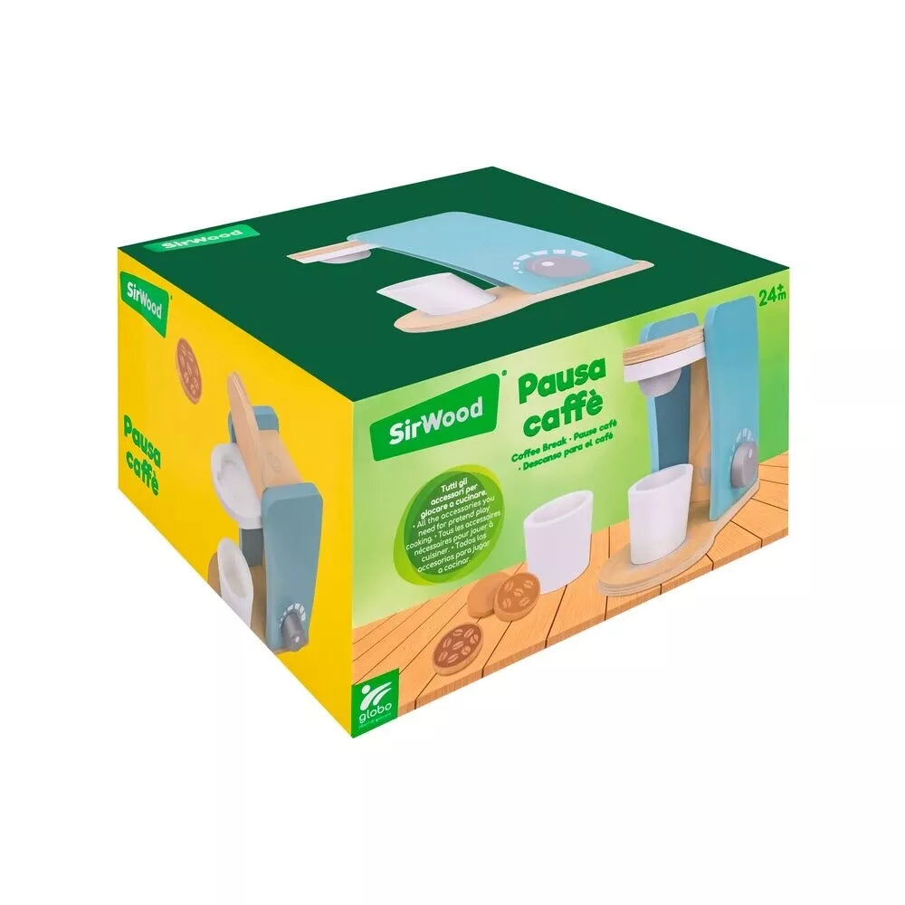 Embalagem da máquina de café de brincar SirWood "Pausa Caffè", caixa verde e amarela, mostrando o brinquedo e indicando 24m+.