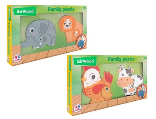 Puzzle de madeira SirWood com animais e seus filhotes, ideal para crianças a partir dos 10 meses. Desenvolve habilidades motoras finas e raciocínio espacial.