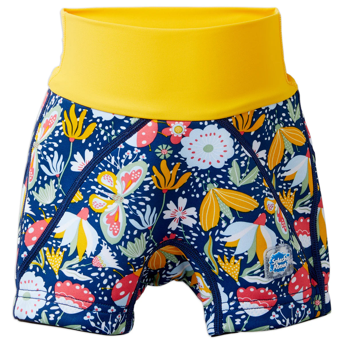 Calções de natação Splash About Jammers Garden Delight para criança, vista frontal, com padrão floral colorido e cintura amarela.