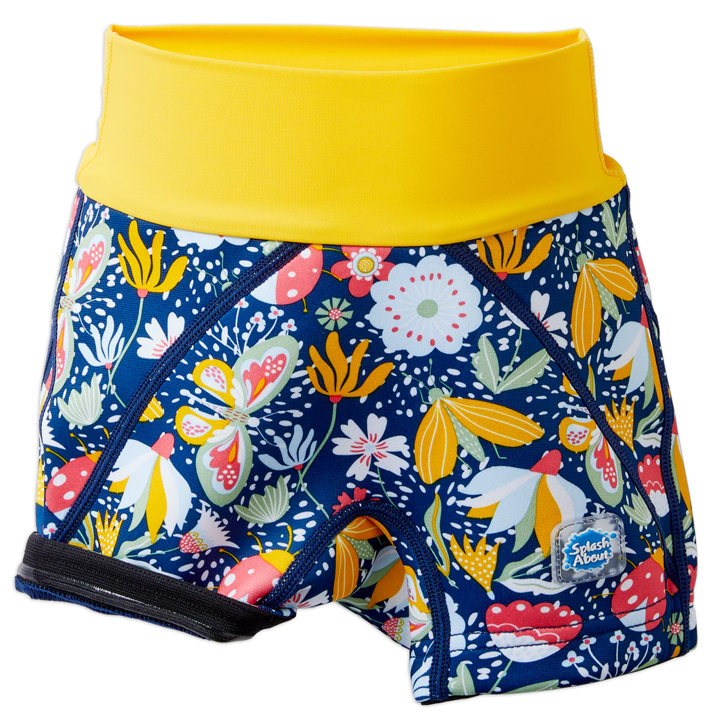 Calções de natação Splash About Jammers Garden Delight para criança, vista lateral, mostrando o detalhe da vedação de silicone na coxa.