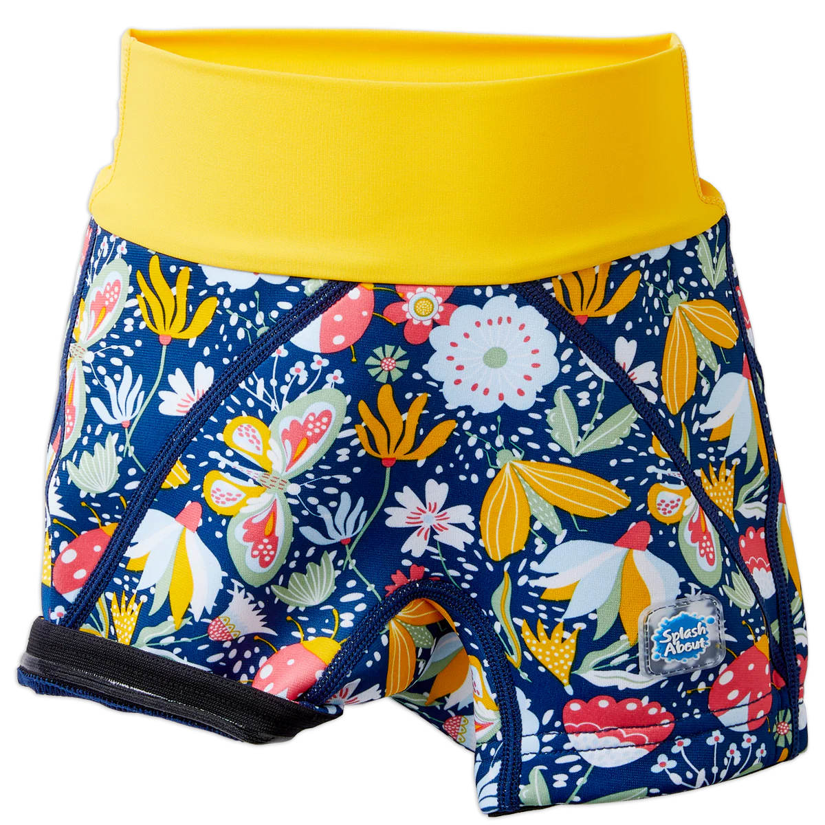 Calções de natação Splash About Jammers Garden Delight para criança, vista lateral, mostrando o detalhe da vedação de silicone na coxa.