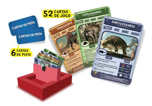 Detalhe das cartas de jogo do Skillmatics Adivinha em 10 Dinossauros Mortíferos, mostrando exemplos de cartas com informações sobre diferentes dinossauros.