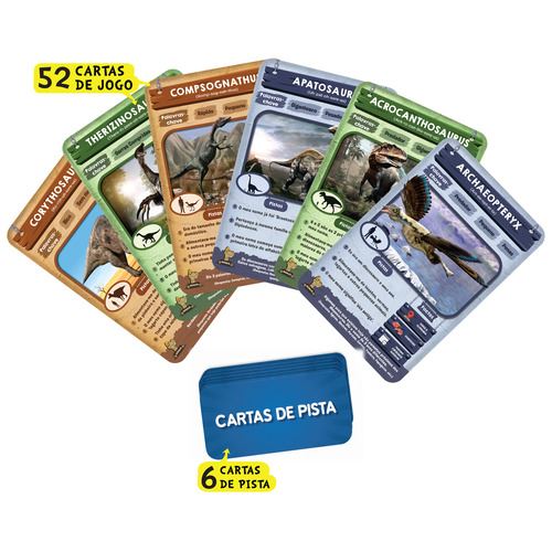 Conjunto de cartas de pista do jogo Skillmatics Adivinha em 10 Dinossauros Mortíferos, mostrando o suporte para as cartas e a quantidade de cartas incluídas.