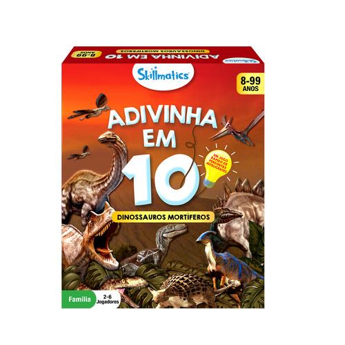 Caixa do jogo Skillmatics Adivinha em 10 Dinossauros Mortíferos, mostrando a capa com ilustrações de diversos dinossauros e informações sobre o jogo.