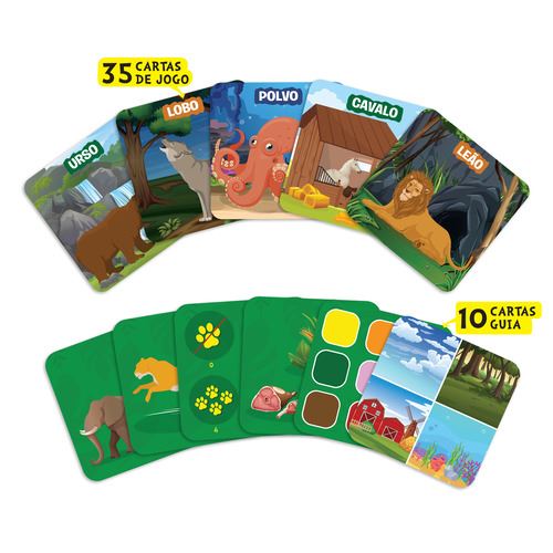 Visão geral de mais cartas de jogo, incluindo animais como urso, lobo, cavalo e leão, além de cartas-guia com dicas visuais adicionais.