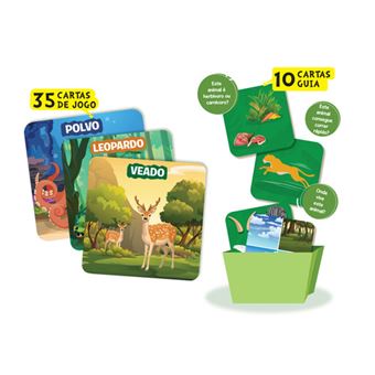 Detalhe das cartas de jogo, mostrando exemplos de animais como polvo, leopardo e veado, com dicas visuais em algumas cartas.
