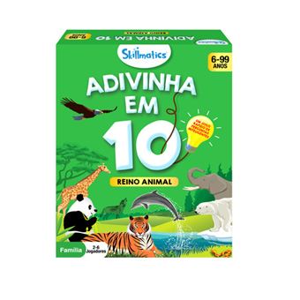 Caixa do jogo Skillmatics Reino Animal, mostrando a imagem de vários animais e o título "Adivinha em 10".