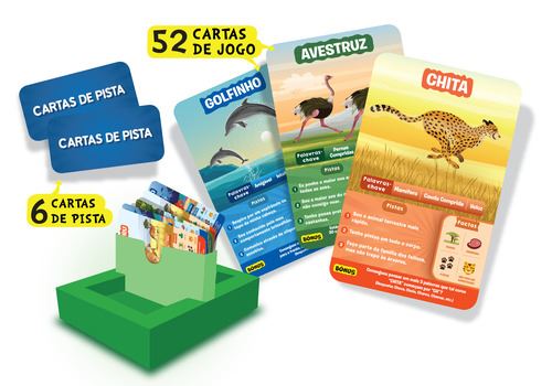 Detalhe das cartas de jogo do Skillmatics Reino Animal, mostrando exemplos de animais e as cartas de pista.