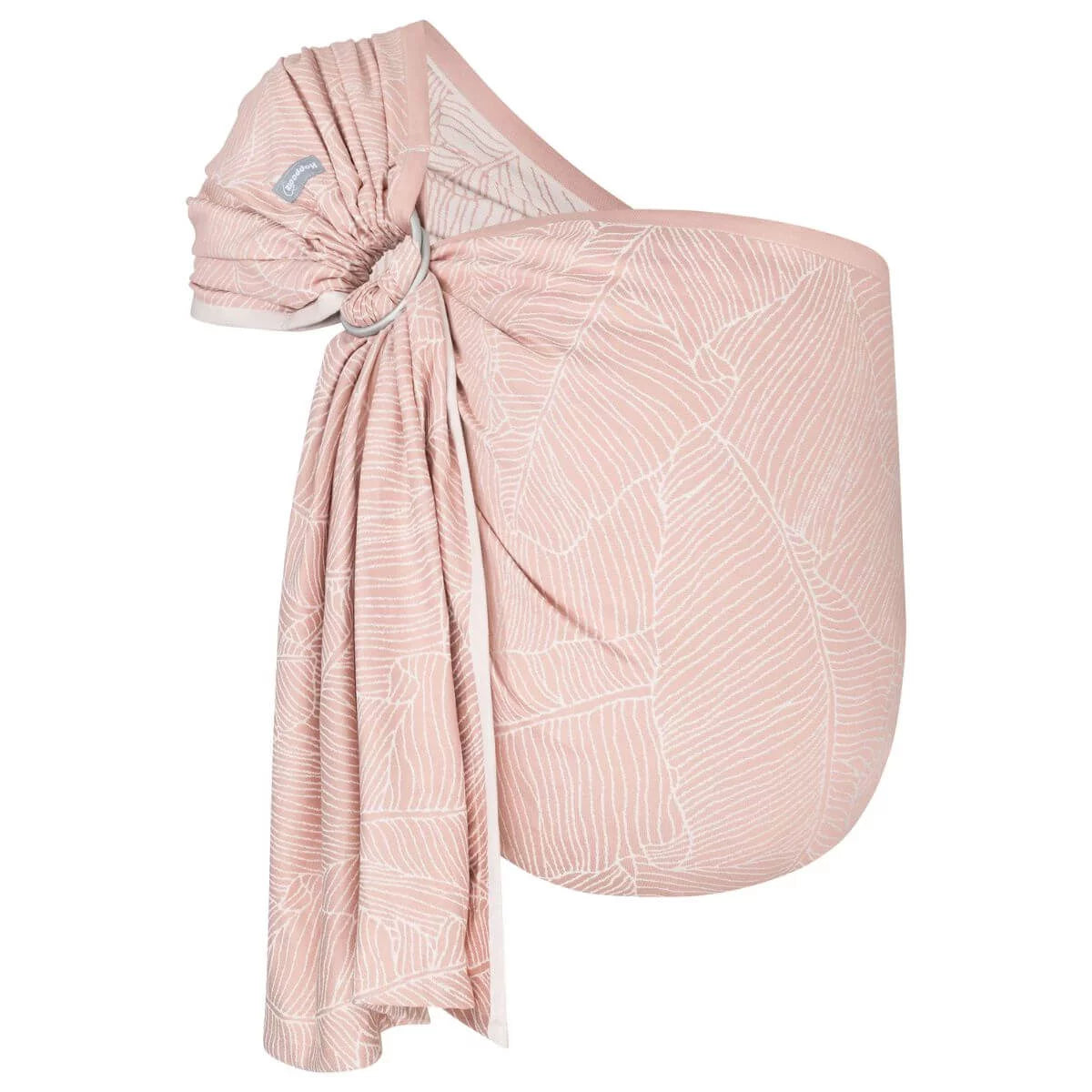 Sling de argolas Hoppediz Grenada Rose em tecido jacquard rosa com padrão botânico delicado e argolas de alumínio.
