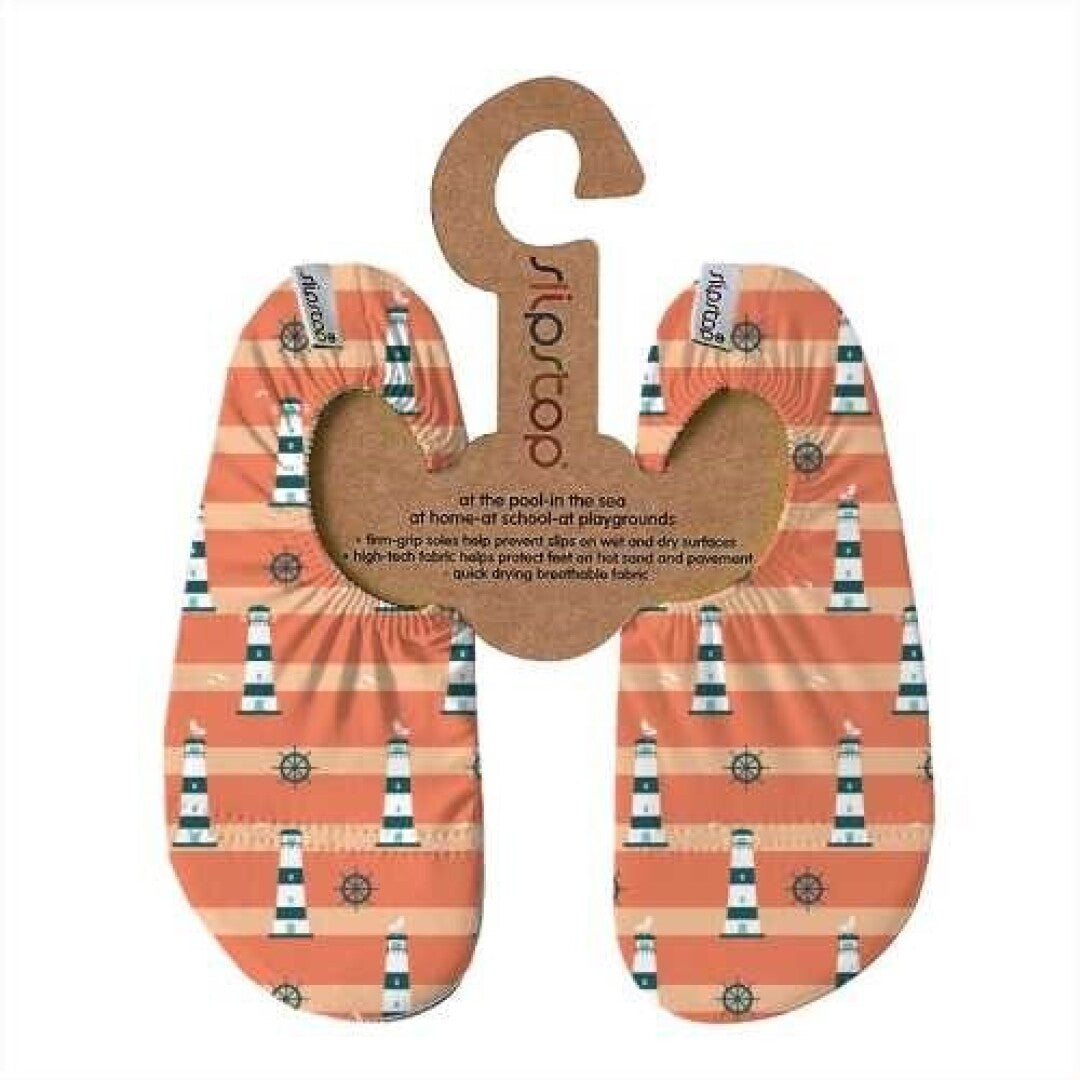 Par de meias antiderrapantes Slip Stop com padrão de faróis e riscas laranjas, apresentadas em cabide de cartão com informações do produto.