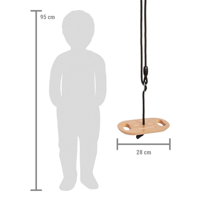 Ilustração de escala mostrando o baloiço de disco (28 cm) ao lado da silhueta de uma criança de 95 cm, indicando o uso e dimensão.