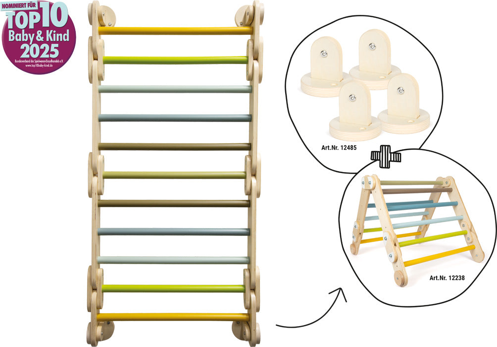 Barras de parede small foot com selo "TOP 10 Baby & Kind 2025", mostrando a conversão de triângulo de escalada em barras de parede.