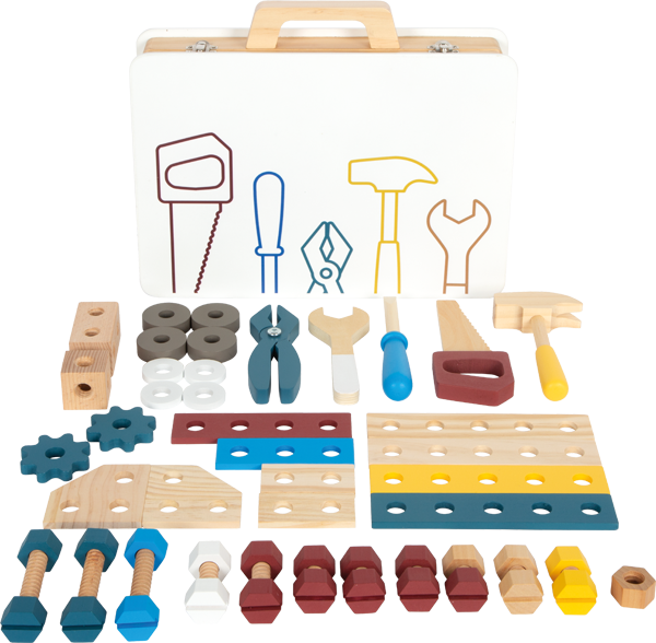 Conjunto completo de brinquedo "small foot - Caixa de ferramentas" com todas as peças de madeira, incluindo ferramentas e componentes de construção, dispostas em frente à caixa com contornos de ferramentas.