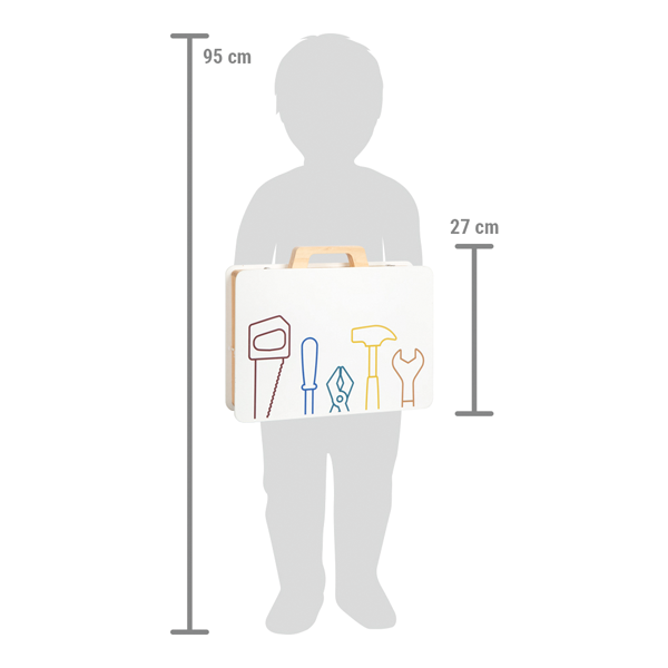 Ilustração de escala mostrando uma criança segurando a caixa de ferramentas de madeira "small foot". A caixa tem 27 cm de altura e a criança tem 95 cm de altura.