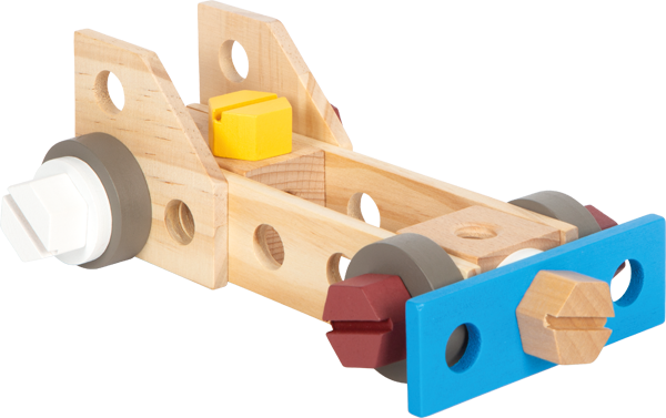 Estrutura base de um brinquedo de construção em madeira, vista de lado, mostrando a montagem com blocos e fixadores coloridos (vermelho, azul, amarelo).