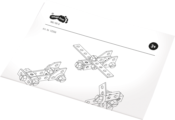 Página de instruções de montagem do brinquedo small foot, mostrando diagramas de construção de um carro e um avião, com indicação de idade 3+.