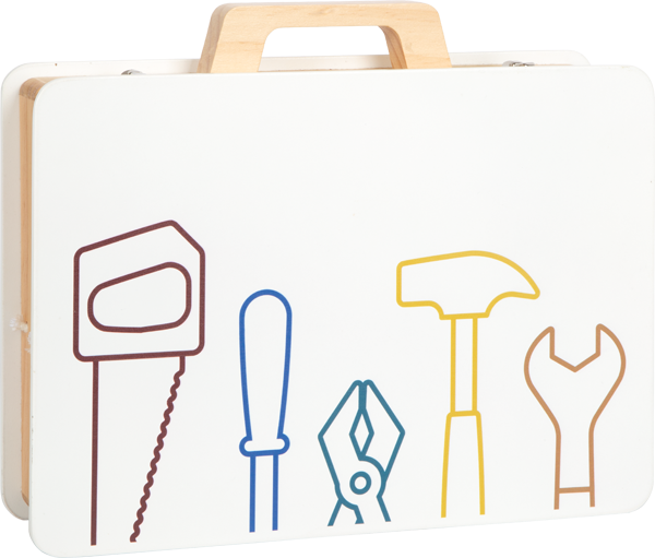 Fecho da caixa de ferramentas de madeira da small foot, branca, com contornos coloridos de ferramentas essenciais como serra, chave de fenda e martelo.