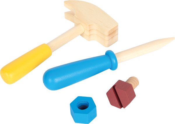 Conjunto de ferramentas de madeira para crianças: martelo com cabo amarelo, chave de fenda azul, parafuso vermelho e porca azul, destacando as cores e materiais.