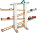 Circuito de bolas de madeira small foot com camião dos bombeiros, vista frontal completa mostrando as rampas, bolas e o camião a descer.  Brinquedo educativo para desenvolvimento motor.