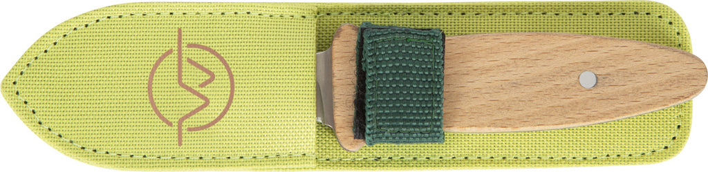 O conjunto completo Small Foot, incluindo a faca, luvas anti-corte infantis e um bloco de corte de madeira para segurança.