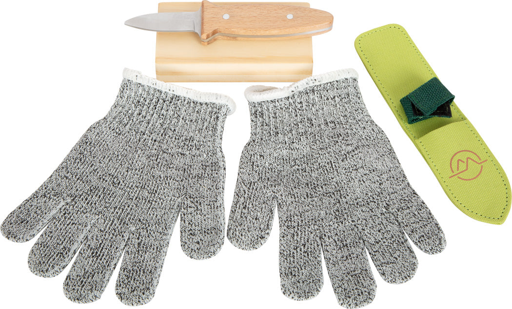 Conjunto completo Small foot: faca de esculpir, luvas anti-corte, bainha e bloco de corte em madeira.