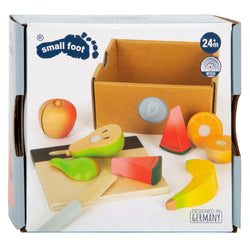 Conjunto completo de frutas em madeira para cortar (pera, melancia, banana, laranja, maçã) com faca e tábua, ideal para brincar.