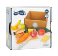Embalagem do conjunto de alimentos em madeira small foot para cortar, mostrando hambúrguer, cenoura, tomate, queijo e caixa de arrumação.
