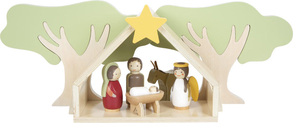 Presépio 3D de madeira Small Foot com Sagrada Família, anjo e burro sob a manjedoura com estrela amarela.