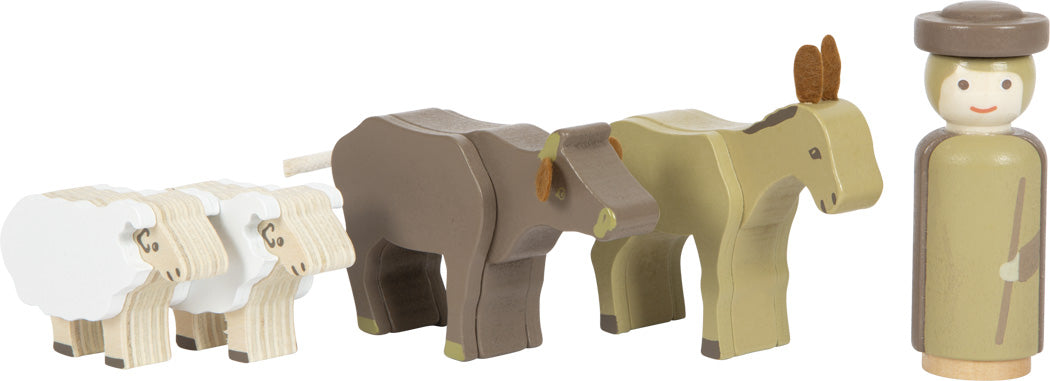 Conjunto de figuras de animais de madeira (ovelhas, vaca, burro) e um pastor, peças do presépio Small Foot.