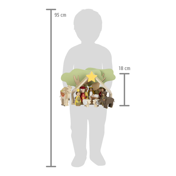 Ilustração de uma criança (silhueta) segurando o conjunto Presépio 3D Small Foot para mostrar a escala, com dimensões de 18 cm de altura para o cenário.