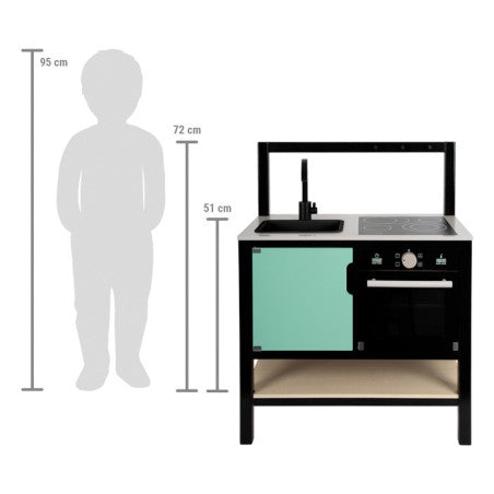 Esquema de dimensões da Cozinha Industrial Small Foot (95 cm altura total) comparada com a silhueta de uma criança.
