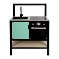 Cozinha industrial de brincar em madeira Small Foot, preta e verde-água, com placa de fogão, forno e lavatório, design moderno.