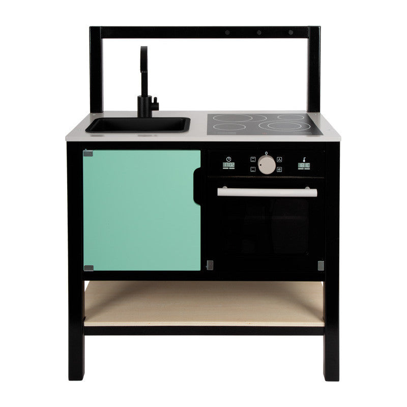 Cozinha industrial de brincar em madeira Small Foot, preta e verde-água, com placa de fogão, forno e lavatório, design moderno.