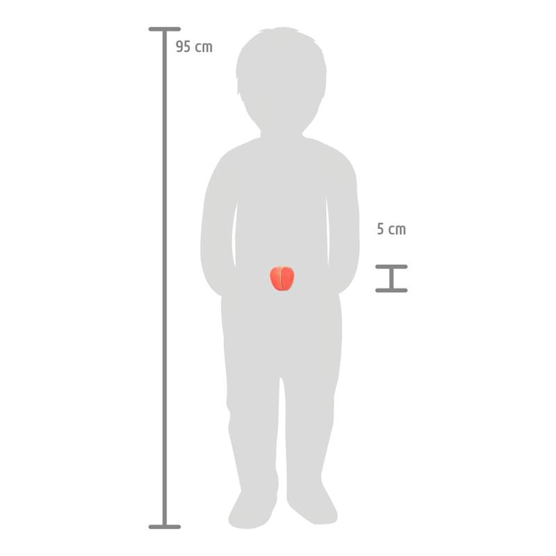 Vista aérea das frutas em madeira (laranja, maçã, pera) sobre a tábua de cortar, mostrando as cores vivas e o acabamento.