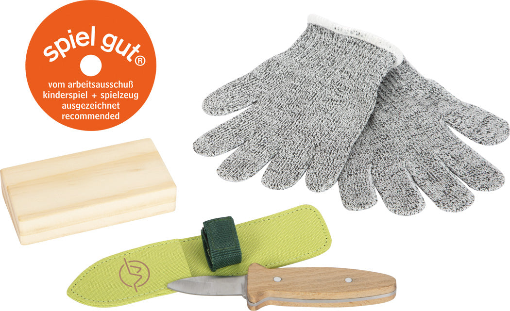 Kit de esculpir Small foot com faca, luvas, bainha e bloco, ostentando o selo de qualidade "spiel gut".