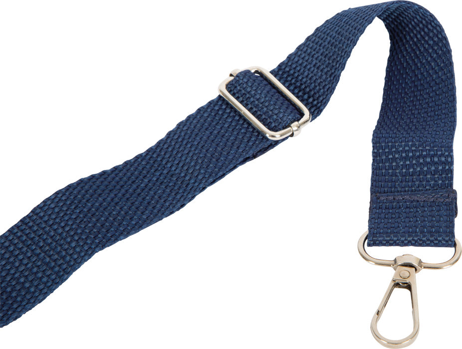 Detalhe da alça de ombro ajustável azul-escura da mala de cuidador de cavalos small foot, com fivela metálica.