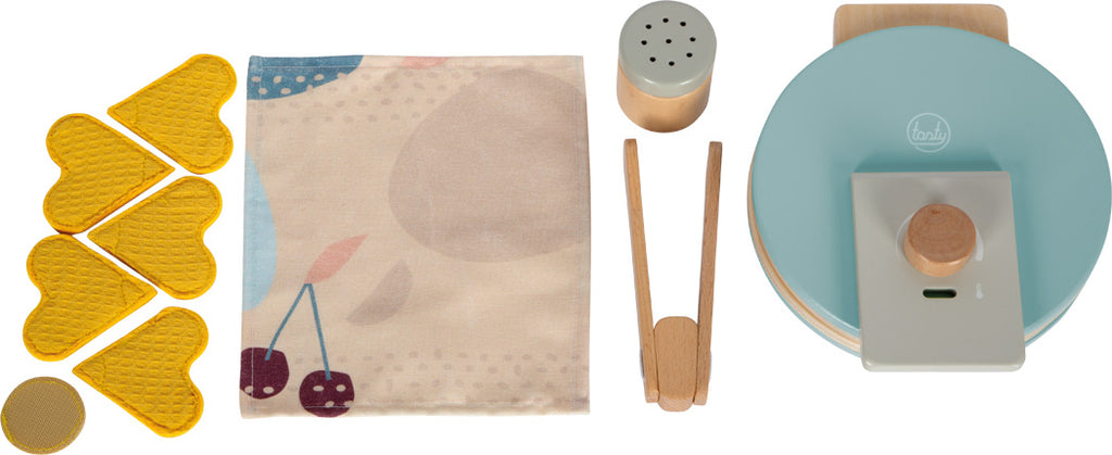 Conjunto completo de brinquedo da máquina de waffles small foot: máquina azul, waffles de tecido, pinça de madeira, guardanapo e dispensador de açúcar.