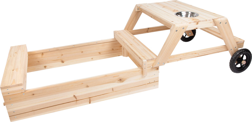 Caixa de areia e cozinha de lama Small Foot totalmente aberta, mostrando o compartimento longo para areia/lama e a mesa de piquenique lateral com assento.