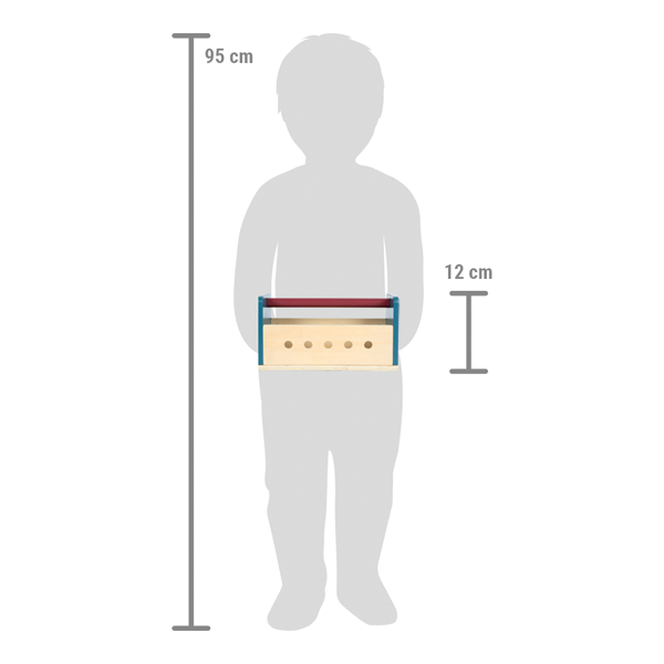 Esquema de dimensão comparativa da mini bancada de ferramentas (12 cm de altura) ao lado de uma criança de 95 cm de altura.