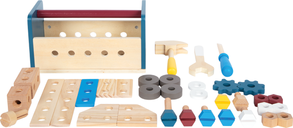 Conjunto completo da mini bancada de ferramentas Small Foot, mostrando a caixa, todas as peças de construção, parafusos, engrenagens e acessórios espalhados.