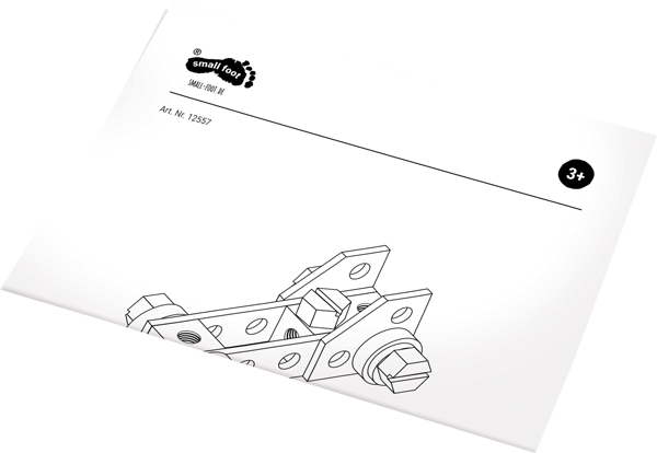 Detalhe da ilustração técnica de montagem de uma peça do carro de corrida, com o logótipo "small foot" e a indicação de idade 3+.