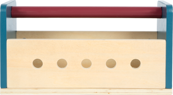 Vista frontal da mini bancada de ferramentas de madeira "small foot" fechada, mostrando o compartimento de arrumação com orifícios e a pega vermelha.