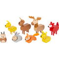 Vários animais da floresta, incluindo veado, raposa, e coruja, em madeira pintada à mão, para jogos criativos de Natal.
