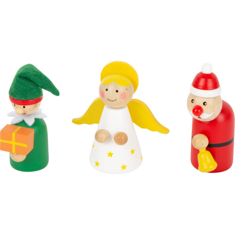 Anjo, Pai Natal e gnomo, figuras de madeira pintadas à mão, para jogos de Natal criativos.