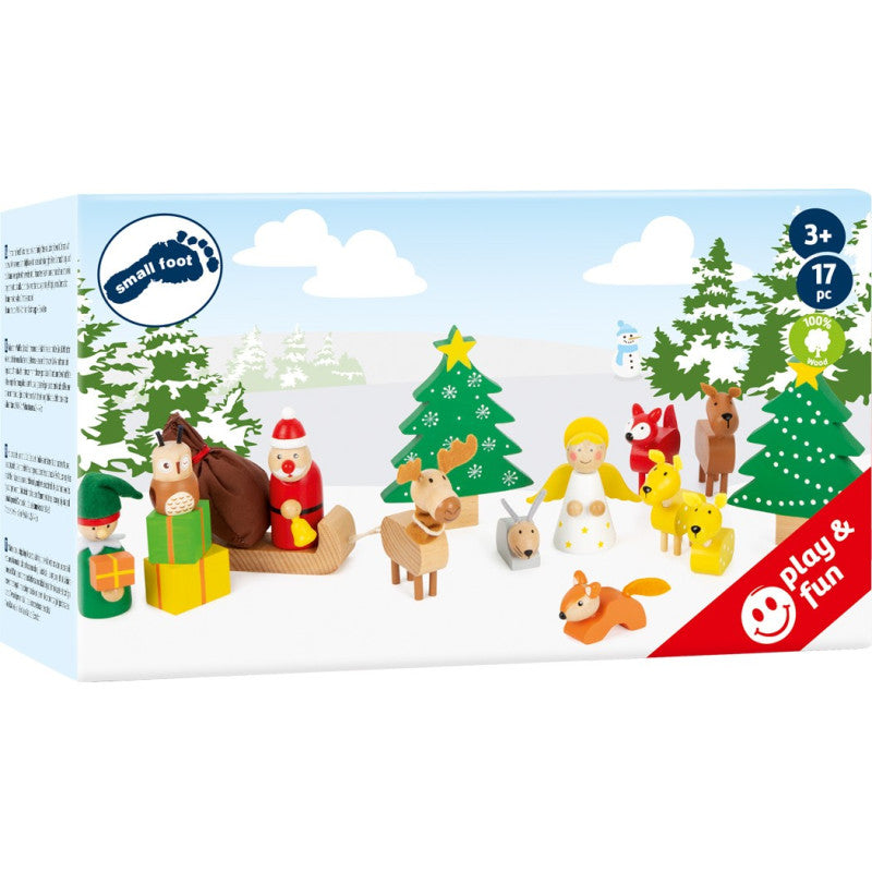 Conjunto completo de figuras de madeira do Natal na floresta da Small Foot, incluindo o Pai Natal, animais e árvores de Natal. Ideal para jogos de faz de conta.