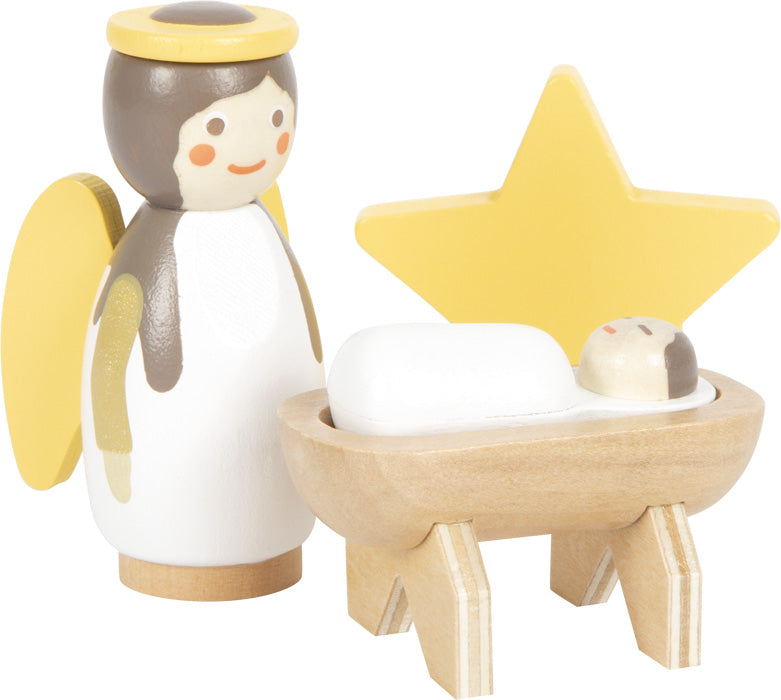 Anjo e Menino Jesus na manjedoura do Presépio 3D small foot, com estrela de Natal.