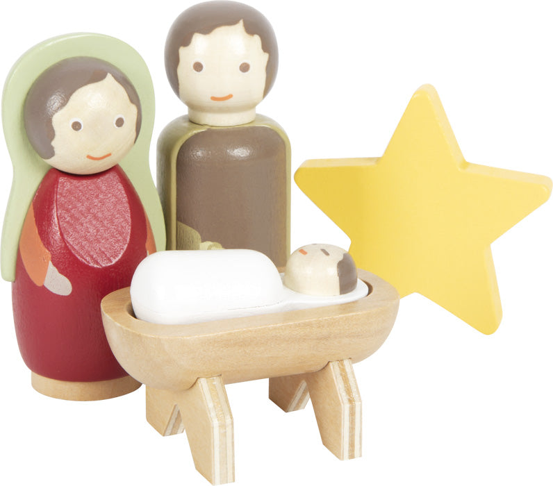 Detalhe da Sagrada Família do Presépio 3D small foot, com o Menino Jesus na manjedoura.