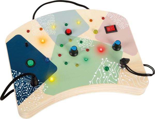 Quadro de atividades Small foot com luzes LED, botões, interruptores e uma chave de ignição. Brinquedo educativo para desenvolver habilidades motoras finas e explorar conceitos eletrônicos.